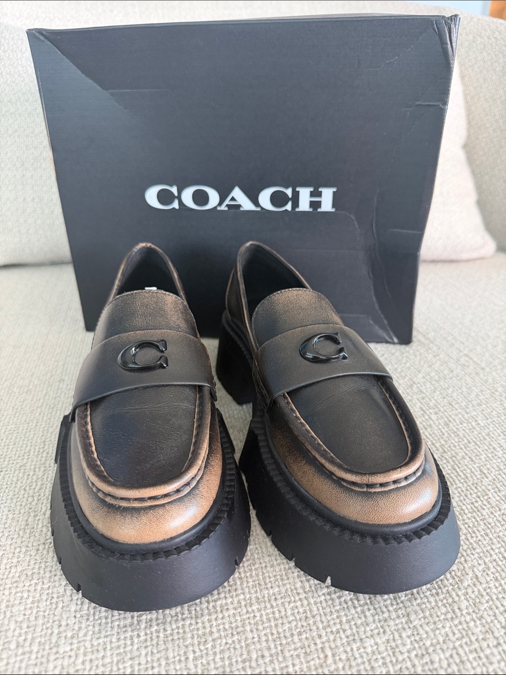 BNNW Coach Leah Platform Black and Brown Leather Chunky Loafers